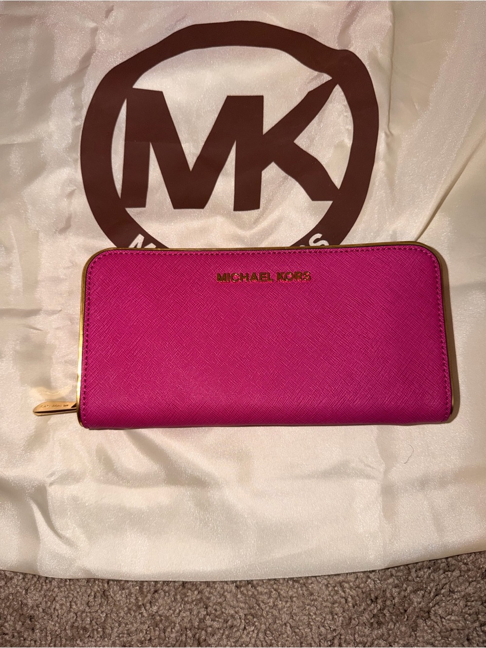 Michael Kors Saffiano Zip Wallet in Hot Pink with Gold Hardware